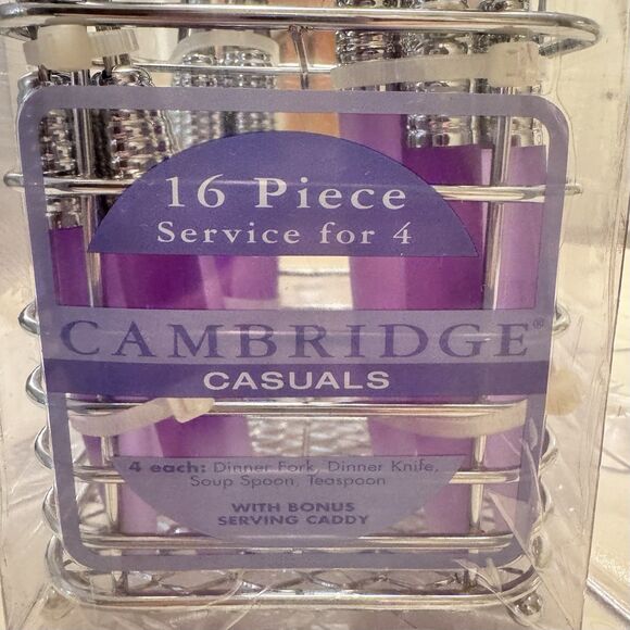 Cambridge Casuals Stainless Flatware Set 16pc Purple Plastic Handle w/Caddy For4 - Picture 2 of 8